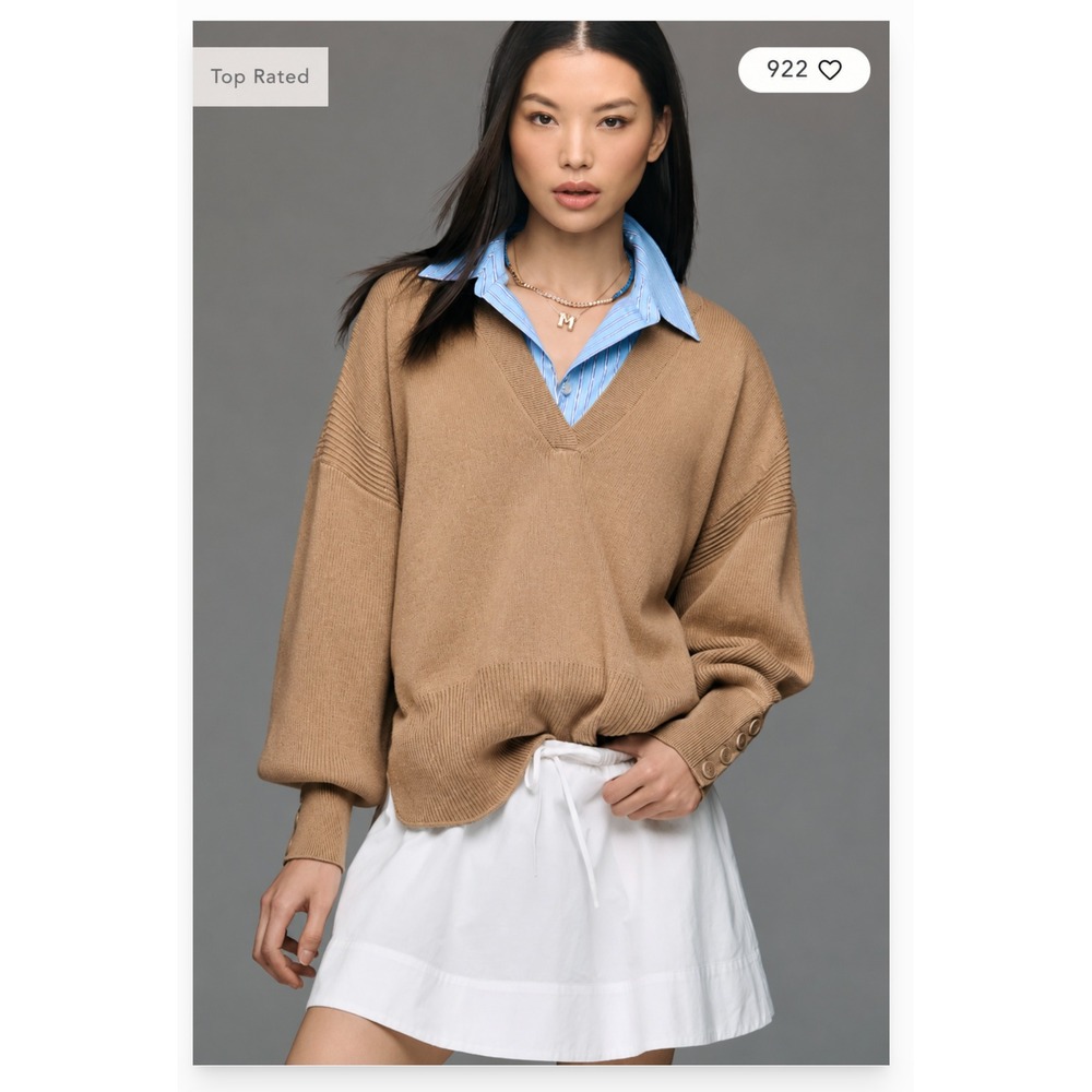 Maeve Anthropologie Camel Wool Blend V-Neck Button Cuff Sweater Tan XS NWT